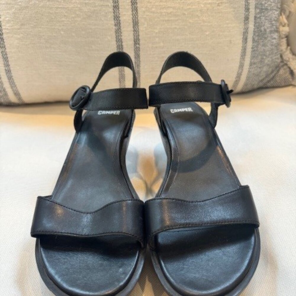 Camper Black Leather Wedge Sandal